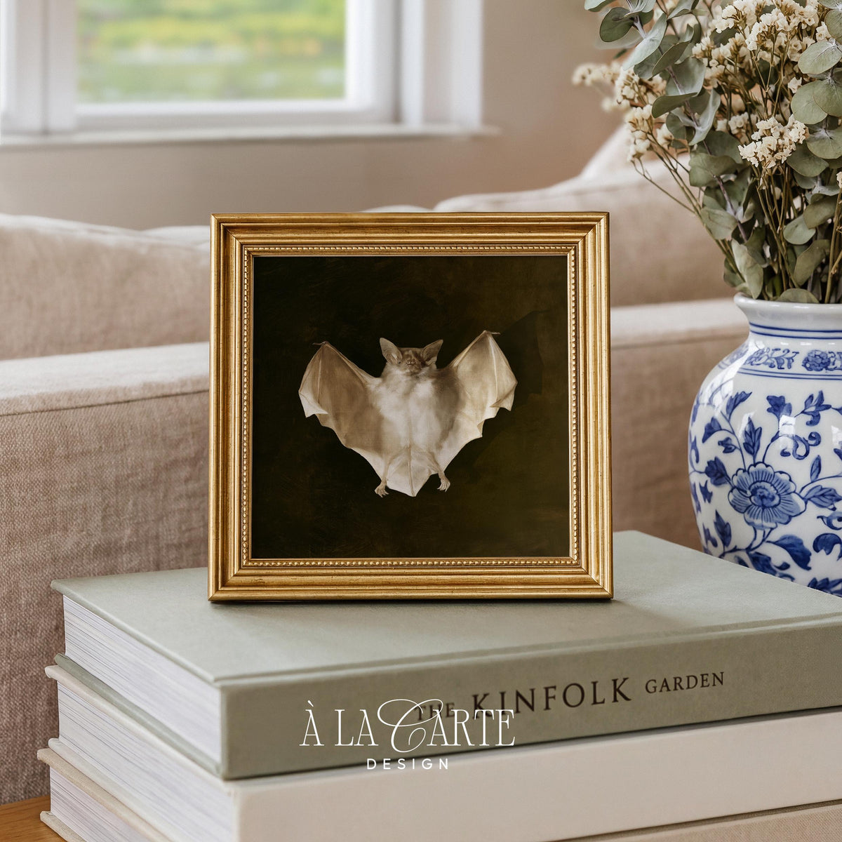 Winged silhouette art print for gothic gallery wall — dark vintage illustration with aged cream and shadow tones