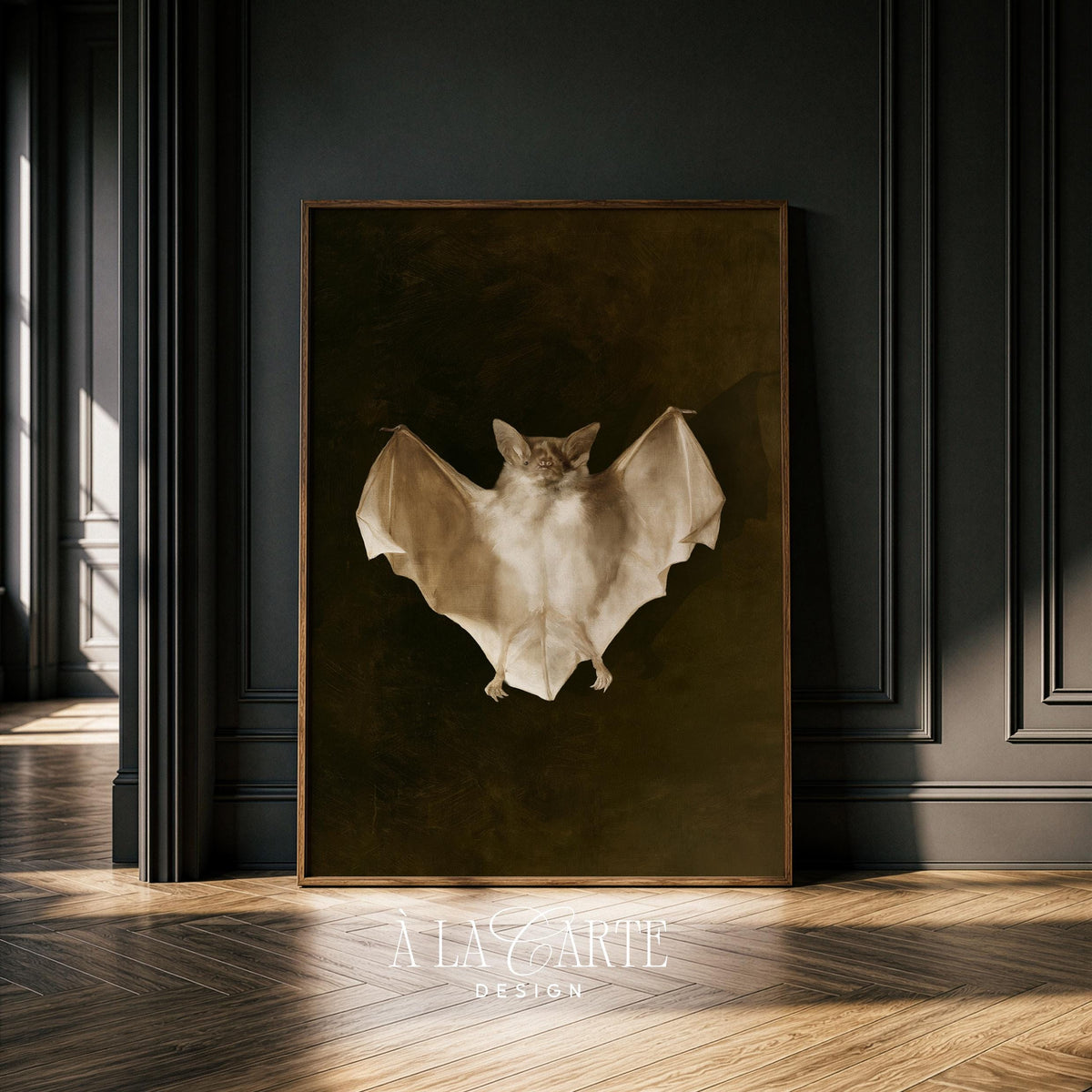 Curiosity cabinet portrait printable art — winged creature in vintage oil painting style with earthy aged palette
