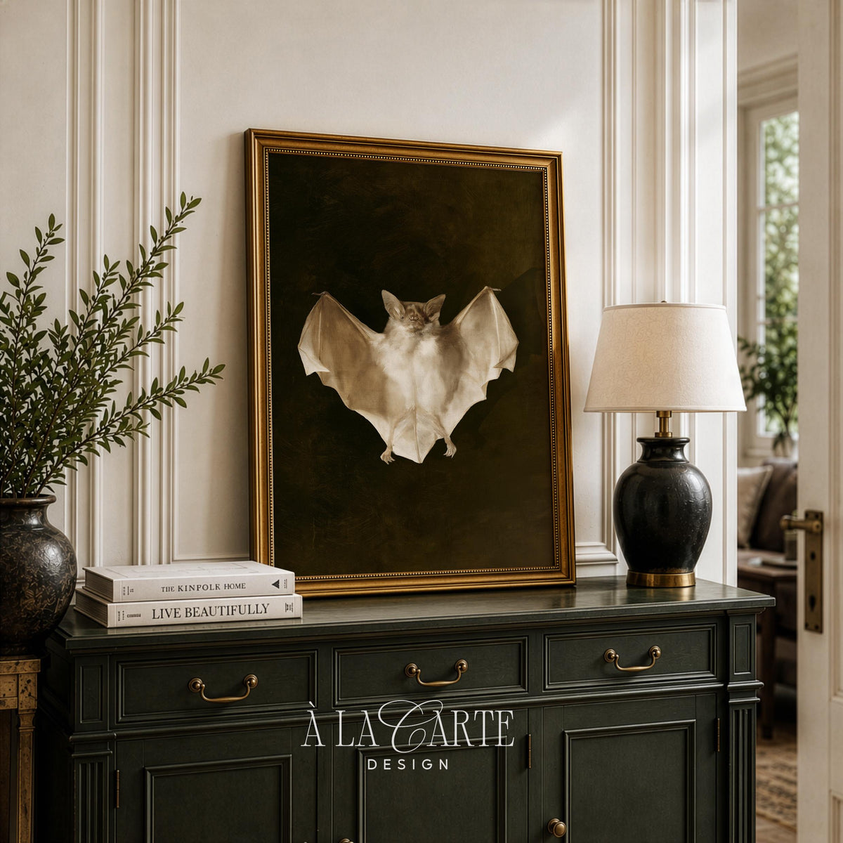 Bat spread wings poster for odditorium — antique-inspired artwork with soft highlights on pale fur