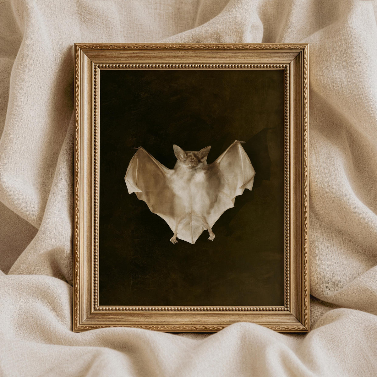Bat wing portrait poster for bedroom — vintage oil painting with moody dark academia aesthetic