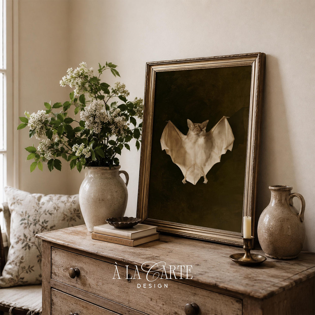 Bat anatomical portrait poster printable — vintage oil painting with textured brushstrokes and naturalist details