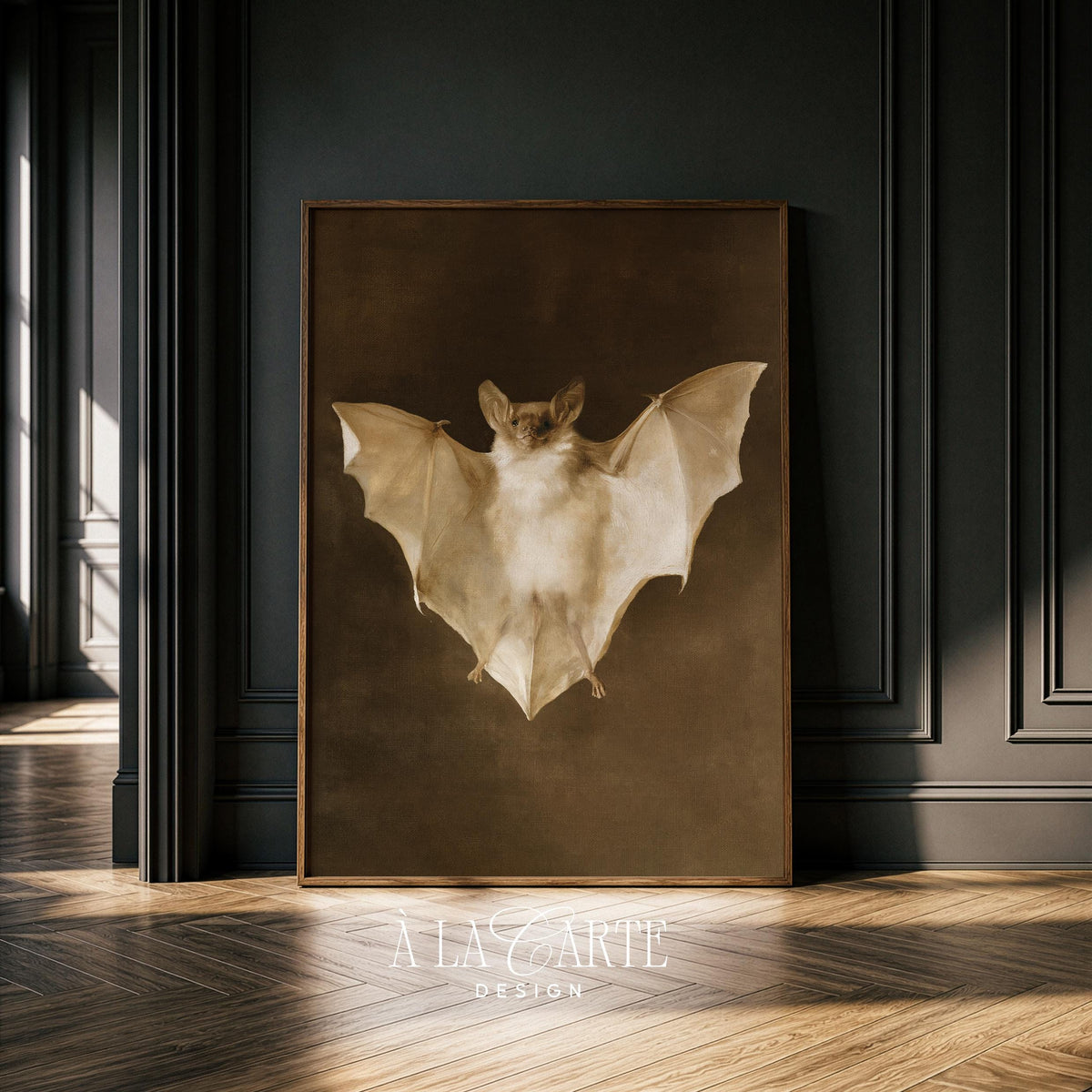 Gothic wing study picture for gallery wall — aged photograph look featuring muted golds and deep shadows
