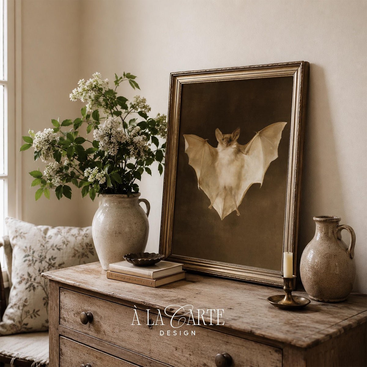 Bat anatomy print wall art for study nook — vintage curiosity cabinet style with muted golden tones