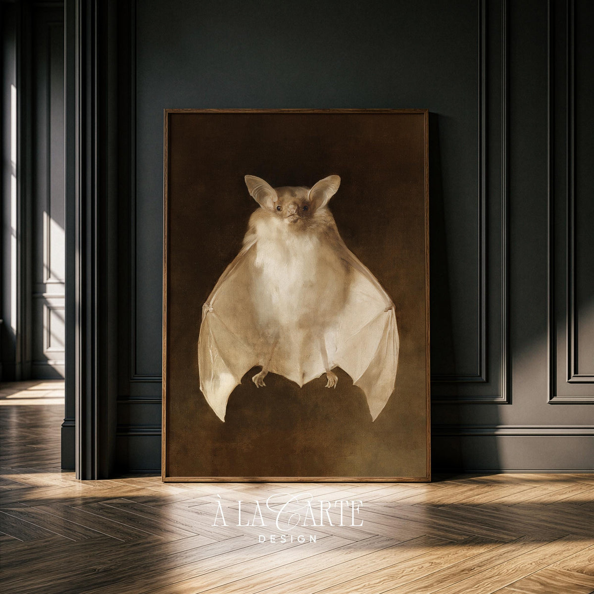 Spread-wing bat portrait wall art — antique dark academia painting with aged cream and gold palette