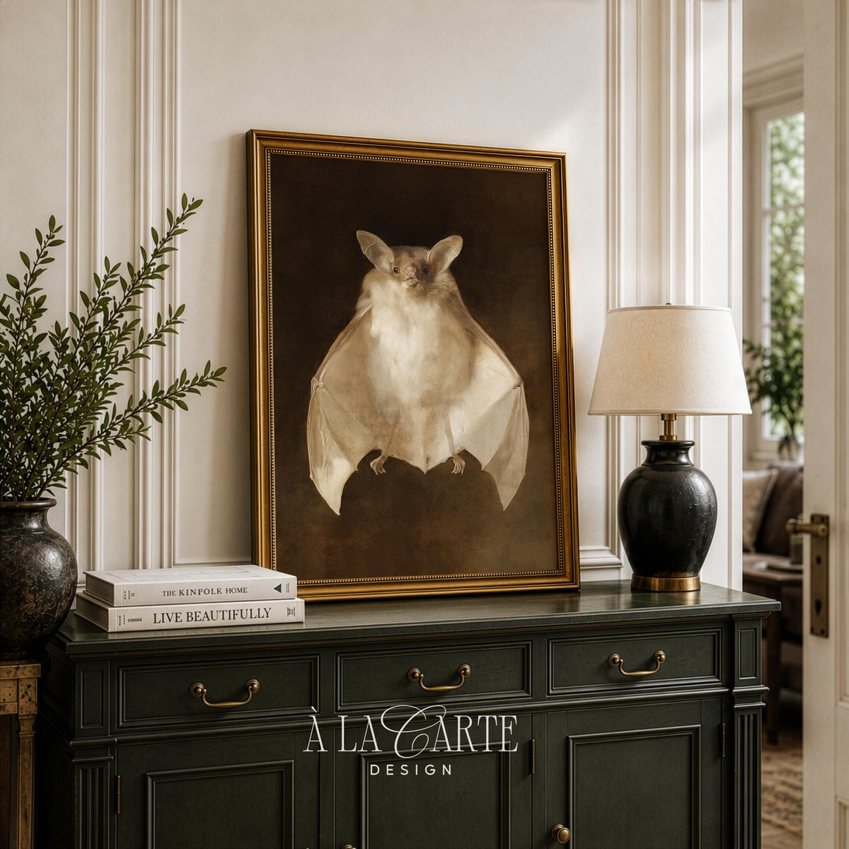 Winged mammal artwork for entryway — naturalist-style portrait with elegant vignette and antique finish
