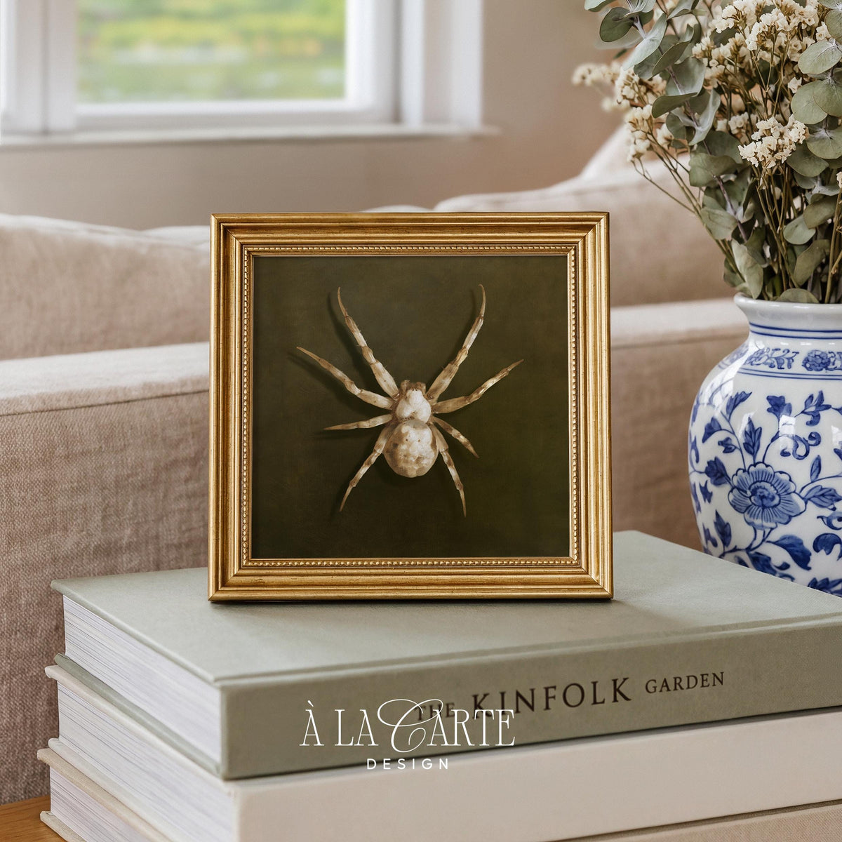Creepy arachnid painting for office — muted palette dark academia wall decor with aged texture