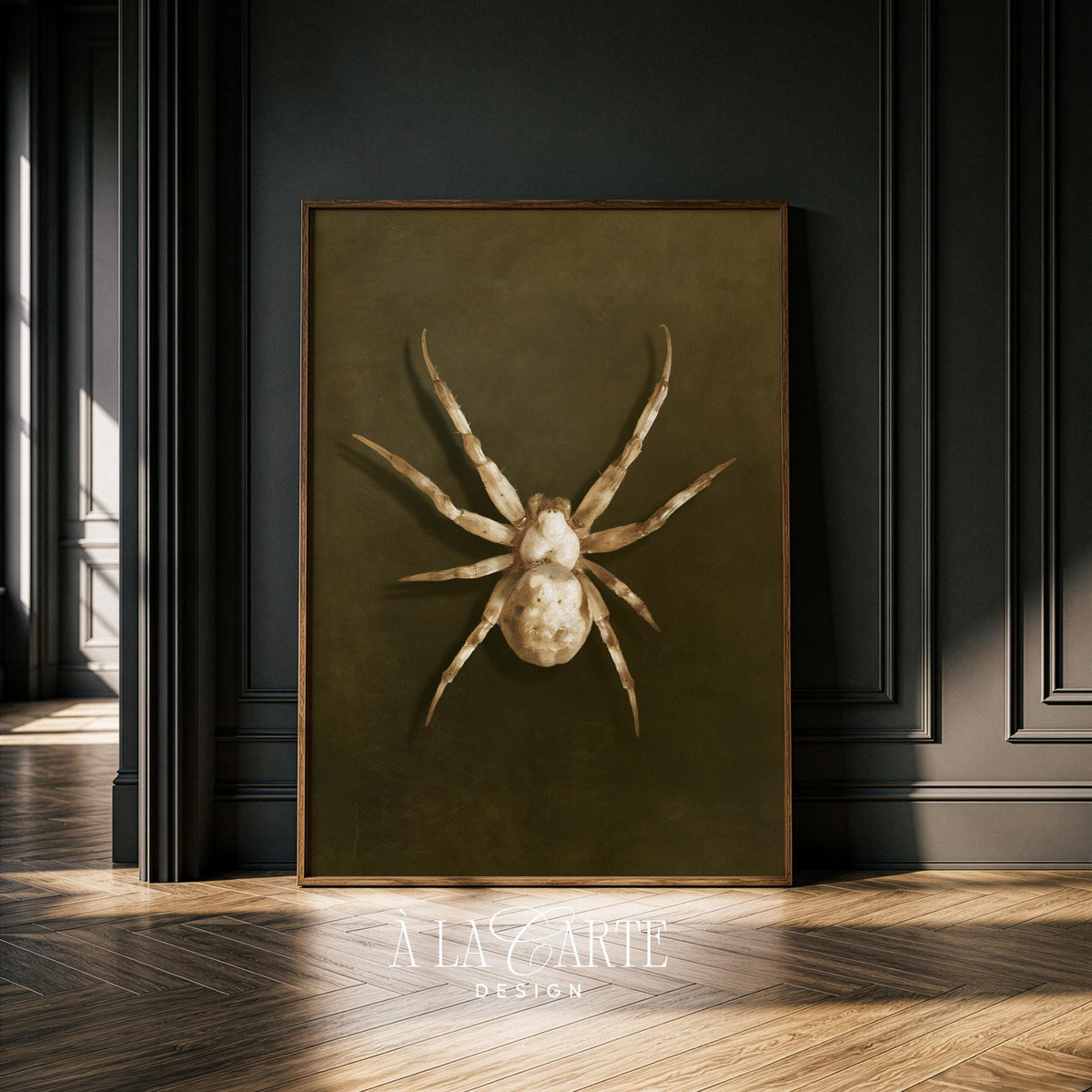 Pale ivory spider artwork for study — moody olive-green background vintage scientific print