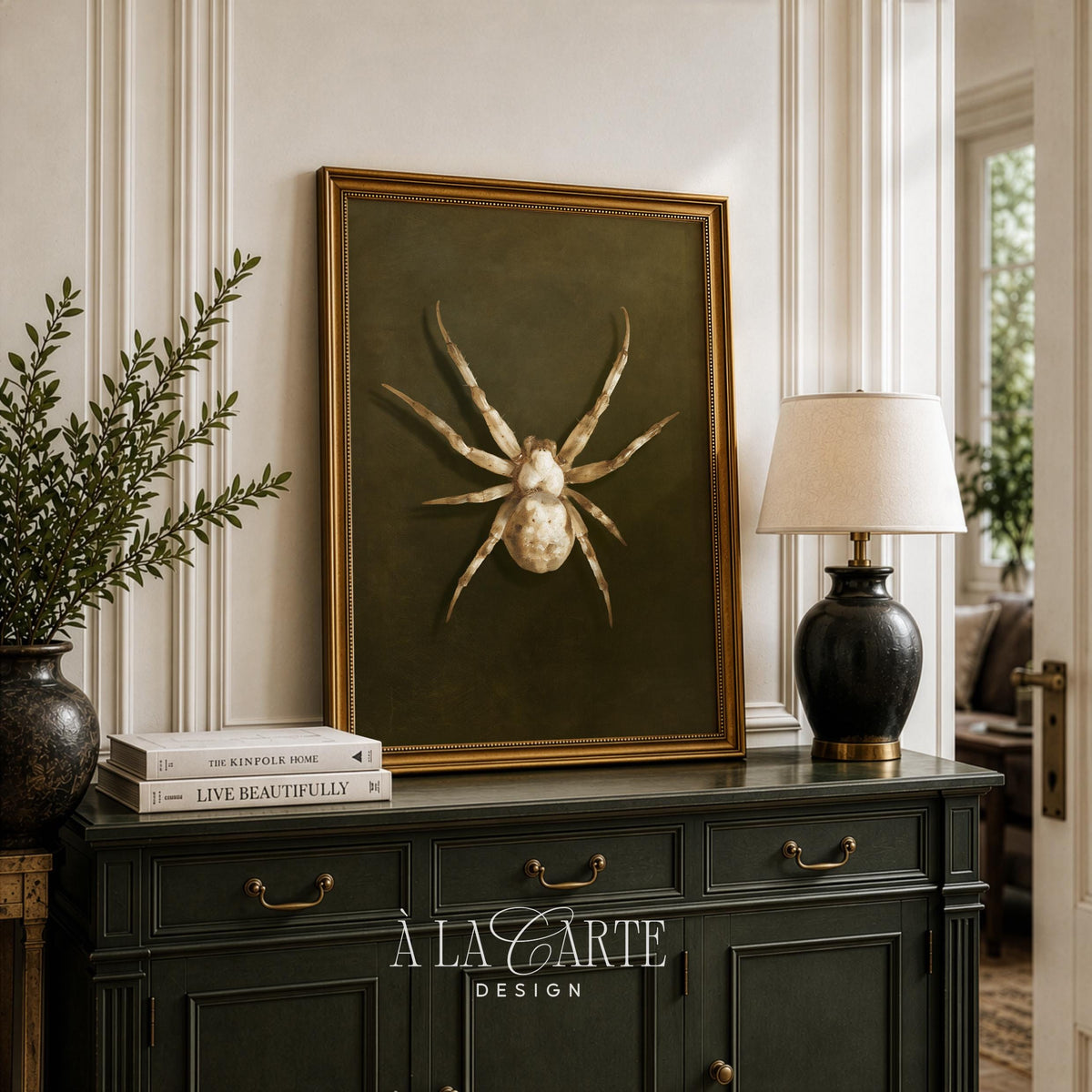 Bone-toned arachnid wall art printable — dark academia aesthetic with weathered antique finish