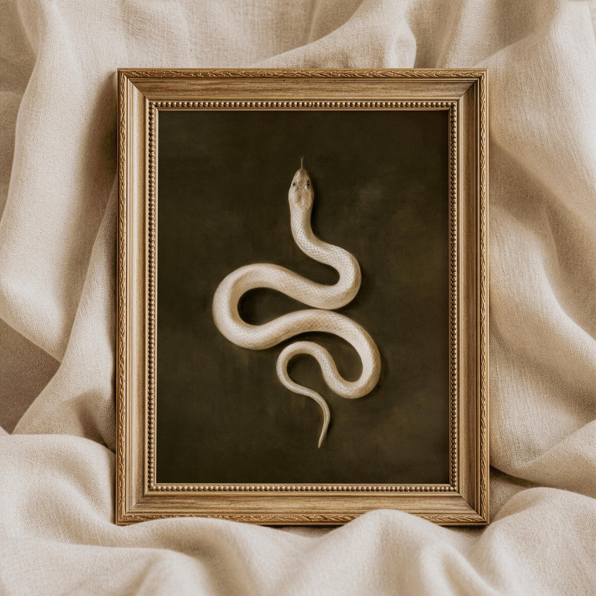 Slithering reptile painting printable for study — olive-green atmospheric mood with naturalist charm