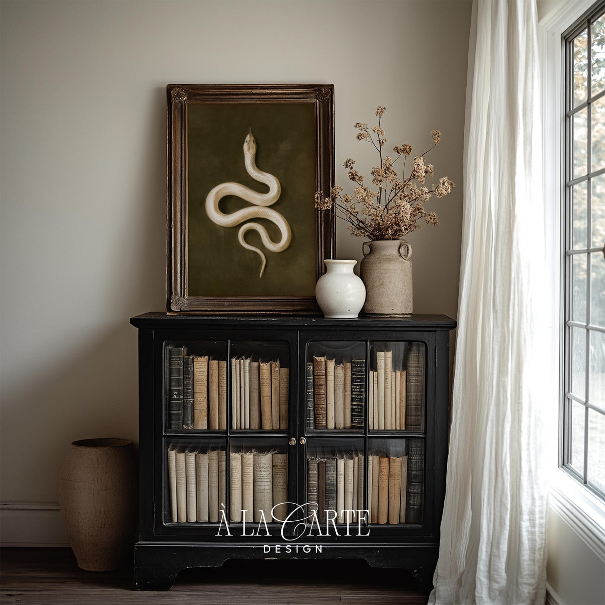 Cream-toned serpent instant download wall art — moody vintage background perfect for dark academia decor