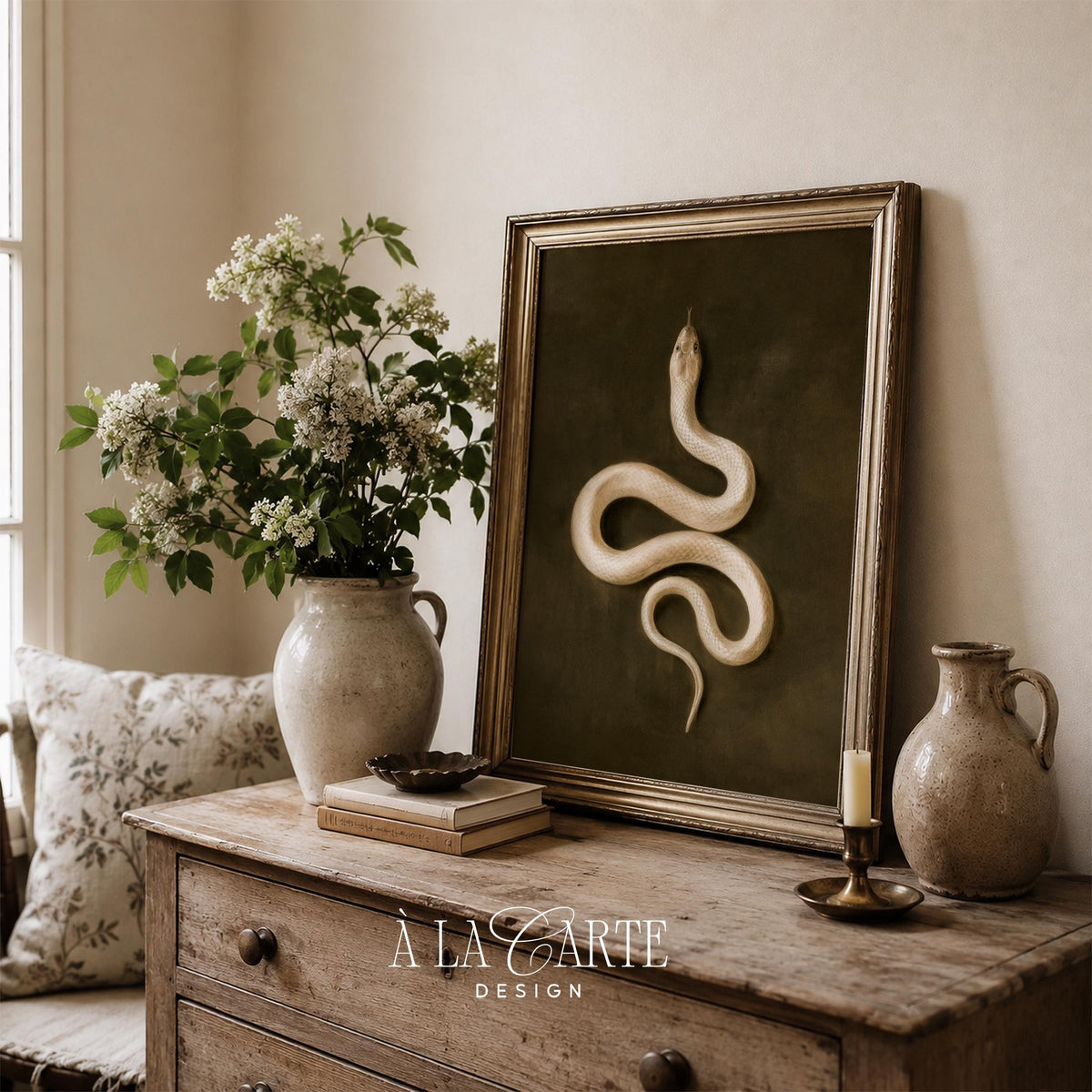 Coiled serpent artwork for dark academia rooms — vintage-inspired with cream and forest green palette