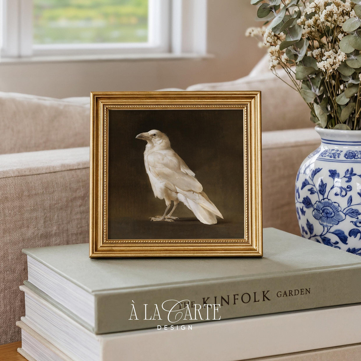 Vintage ornithological digital print for hallway — sophisticated pale corvid portrait with antique aesthetic
