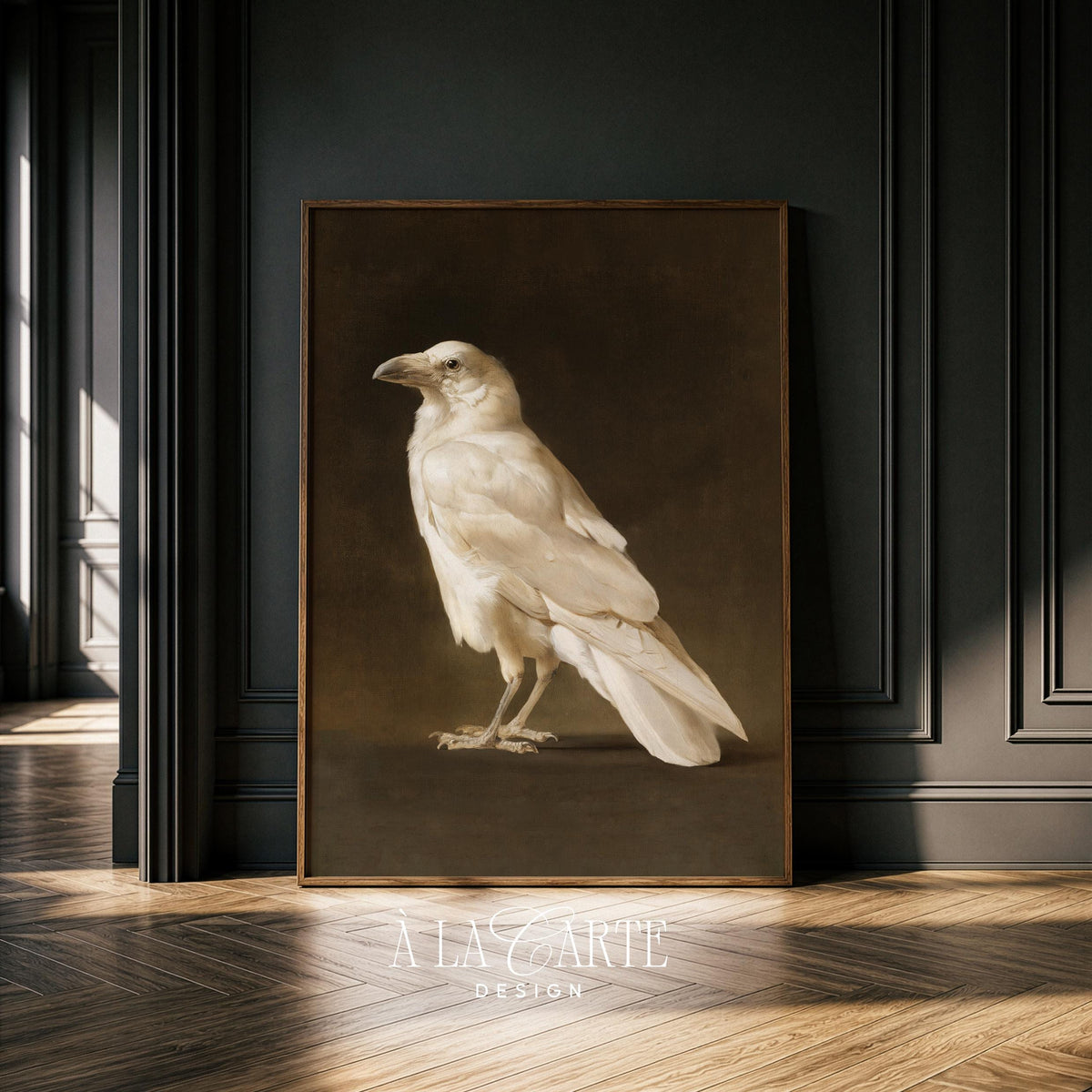 Classical ornithological poster digital download for office — white subject against muted rich background, elegant aesthetic