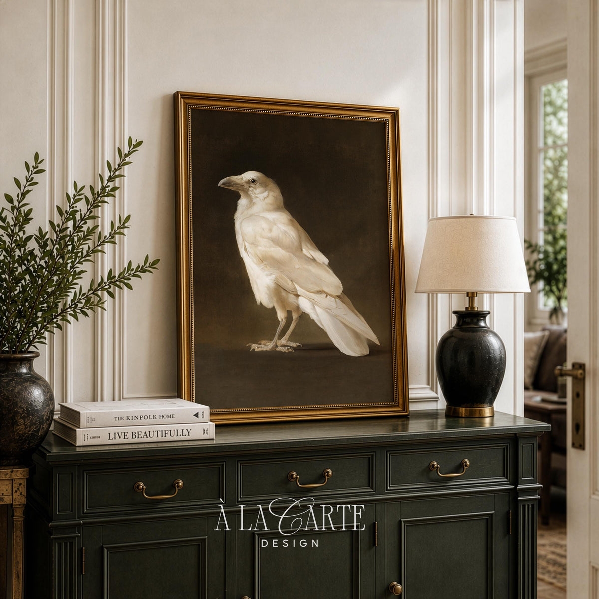 Elegant bird study poster for reading nook — moody gothic illustration featuring pale plumage against deep tones