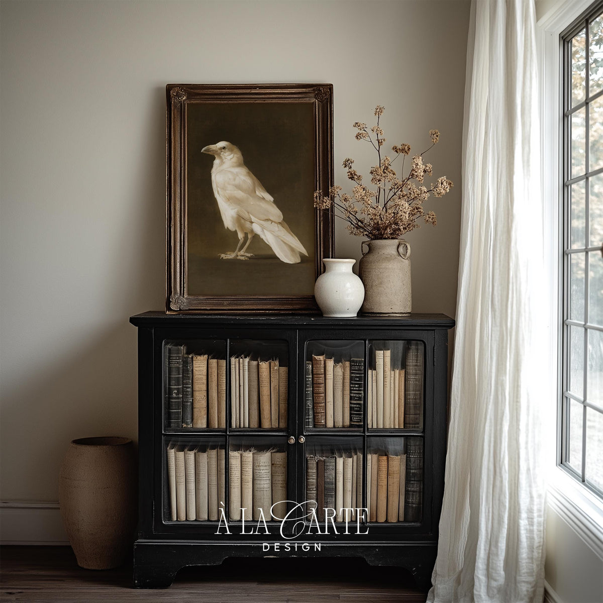 Antique bird character picture print for workspace — dark moody palette, elegant naturalist illustration style