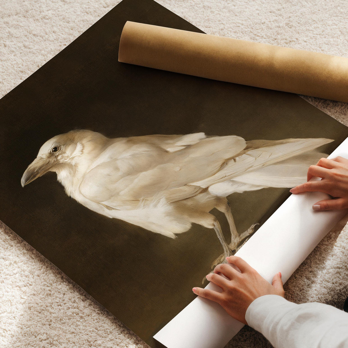 Pale feathered creature poster for creative space — old-world naturalist charm with rich textured brushstroke quality