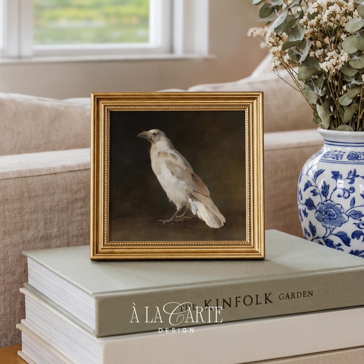 White crow artwork for home office — vintage ornithological study with rich shadow detail and muted palette