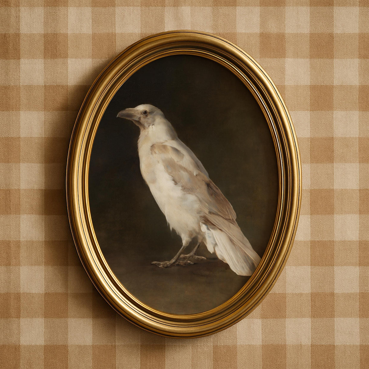 White-feathered bird artwork digital print for study nook — vintage atmospheric painting with elegant composition