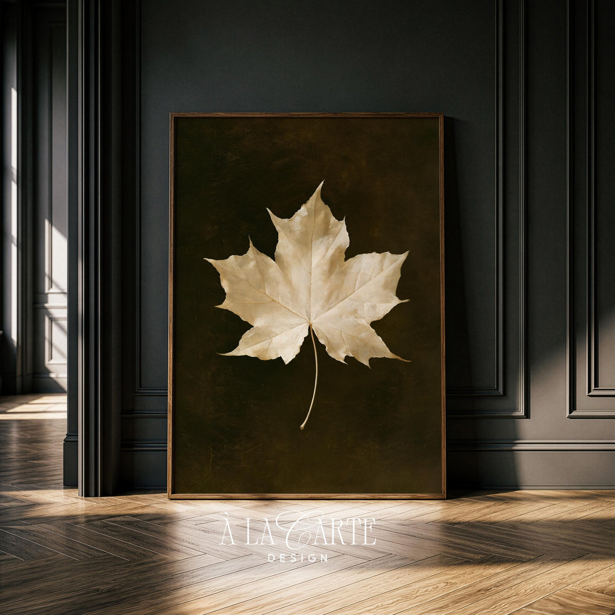 Fall foliage artwork with mottled texture backdrop for gallery wall — moody old-world botanical feel