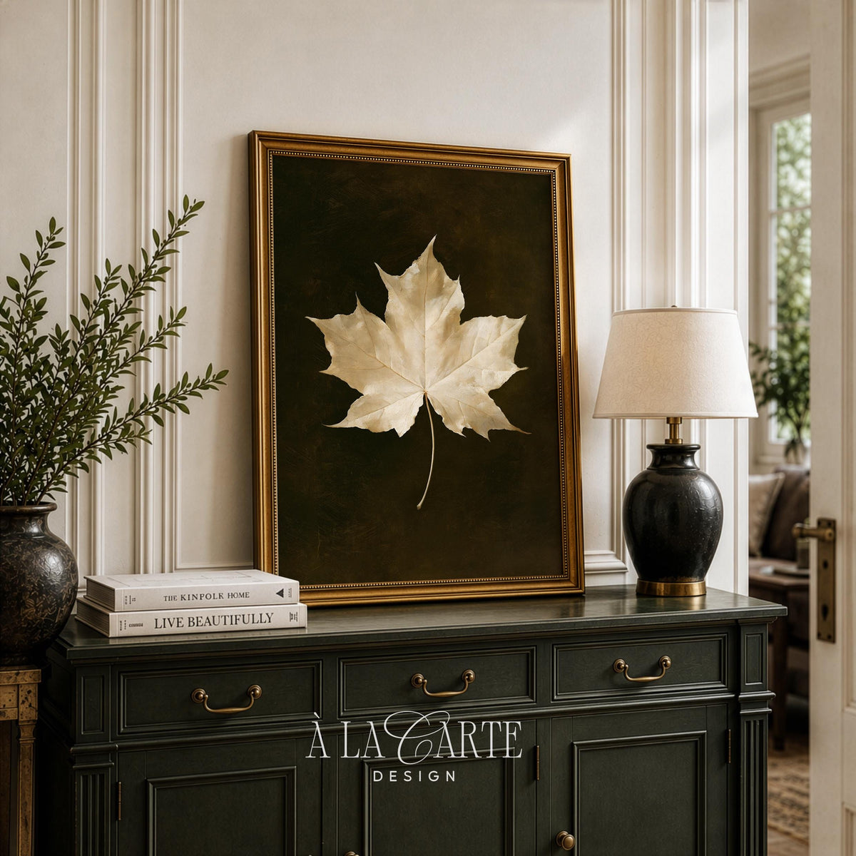 Golden autumn leaf instant download wall art for living room — vintage naturalist print style