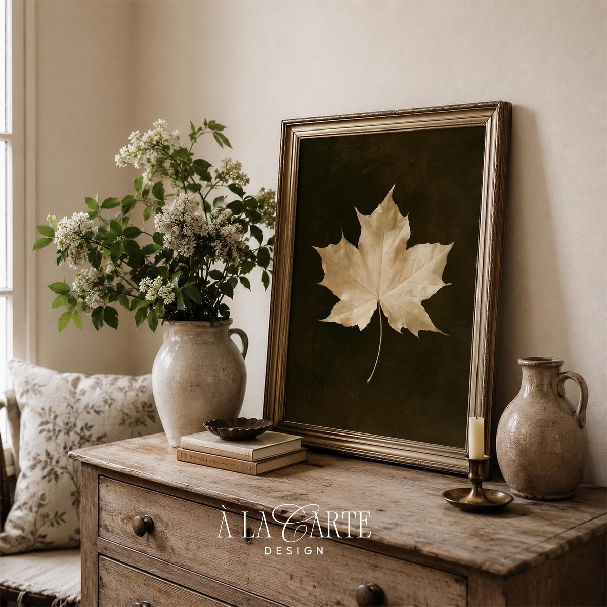 Antique botanical poster of single maple leaf — painterly rustic style with atmospheric dark background