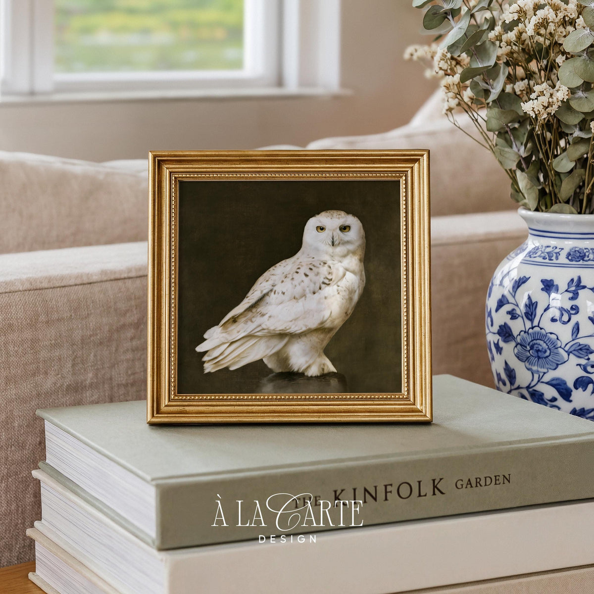 Snow owl painting print for living room — vintage farmhouse decor with soft textured brushwork
