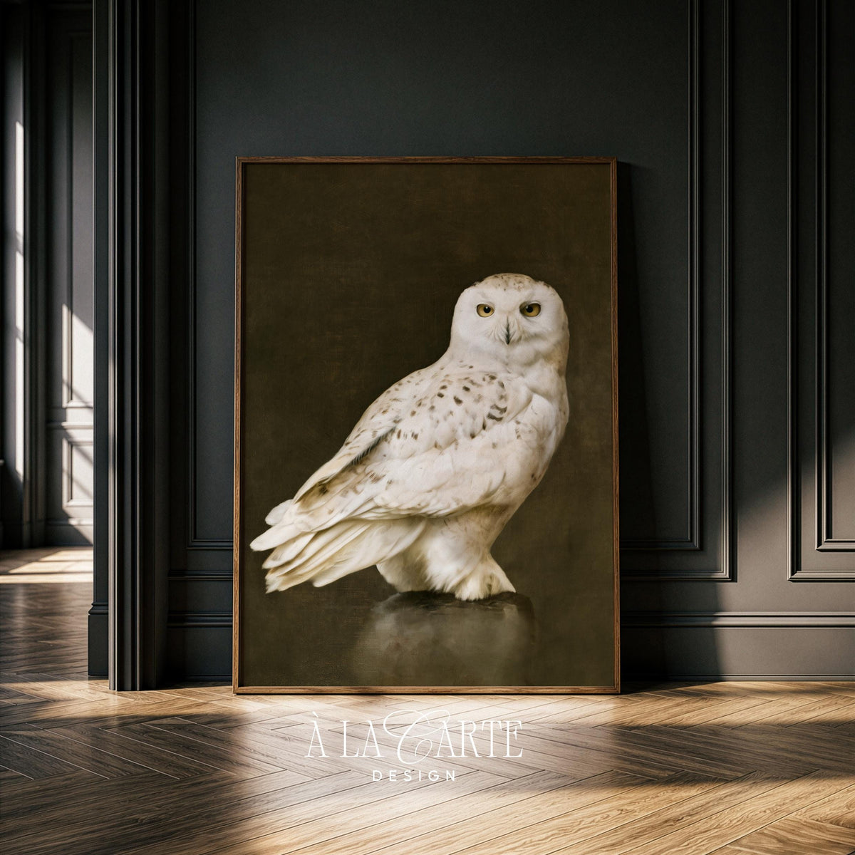 Perched owl instant download wall art — antique-style naturalist study with atmospheric backdrop