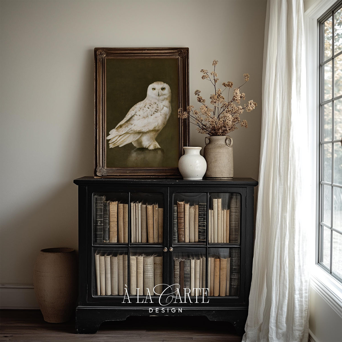 Snowy owl printable art for bedroom — vintage oil painting with moody dark academia aesthetic
