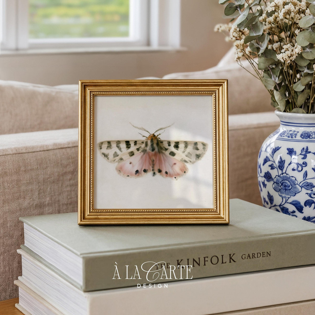 Spotted moth wall art print — soft feminine illustration with antique entomology charm and aged paper background