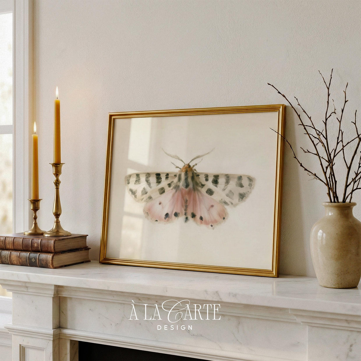 Patterned moth digital artwork for entryway — muted tones with delicate antennae and vintage journal quality