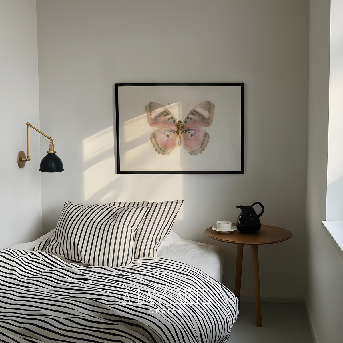 Moth illustration wall poster for nature room — vintage botanical detail with faded background and subtle patina