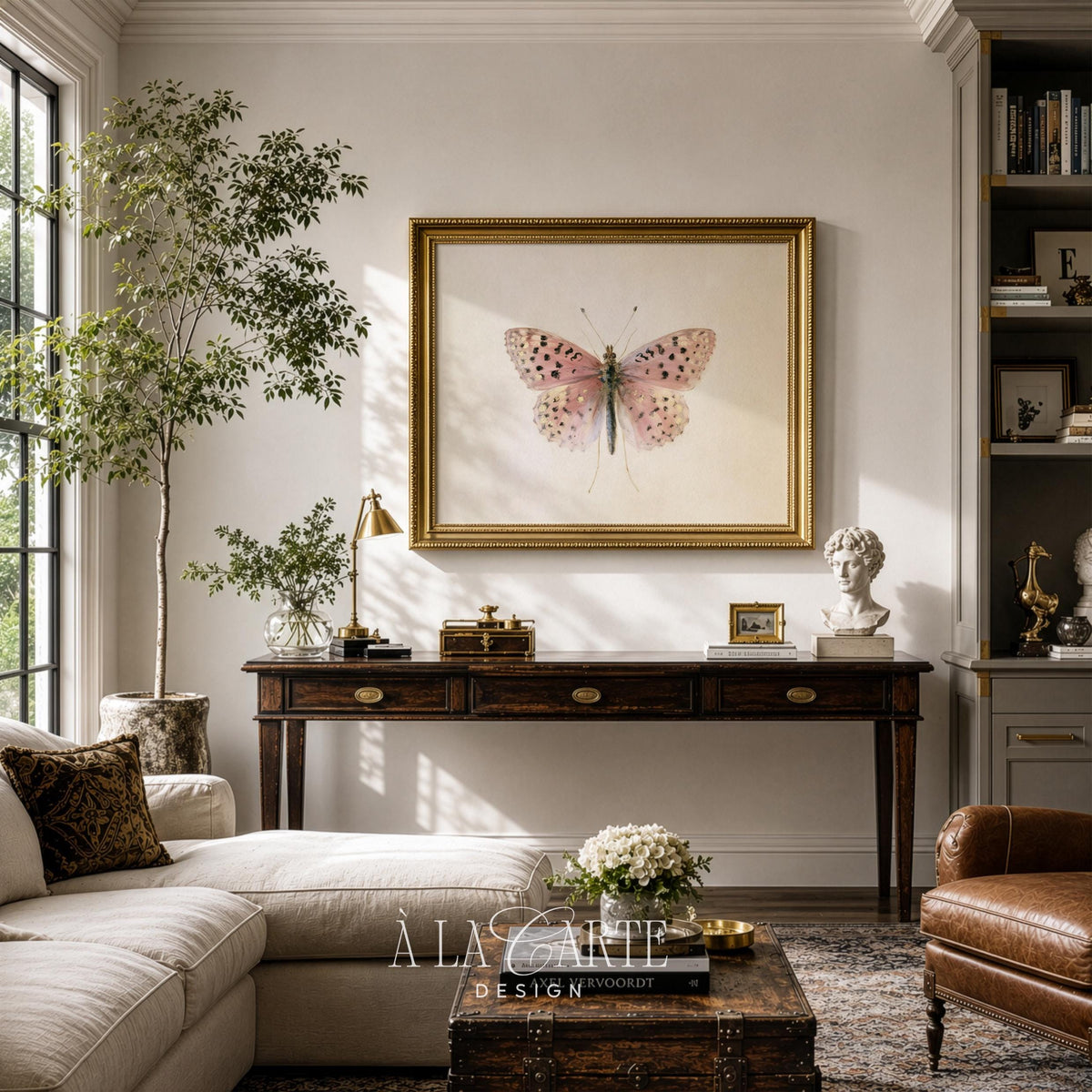 Soft watercolor butterfly wall art — printable nature illustration with symmetrical specimen composition