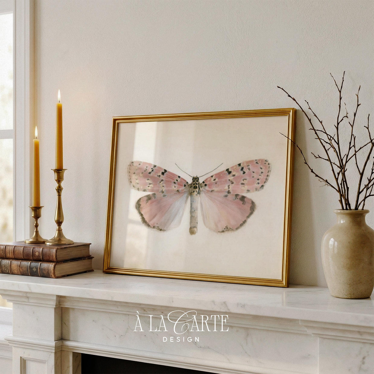 Pastel Butterfly Wall Art, Vintage Pink Moth Painting, Cottagecore Print, Insect Poster, Grandmillennial Art, French Country Decor V270