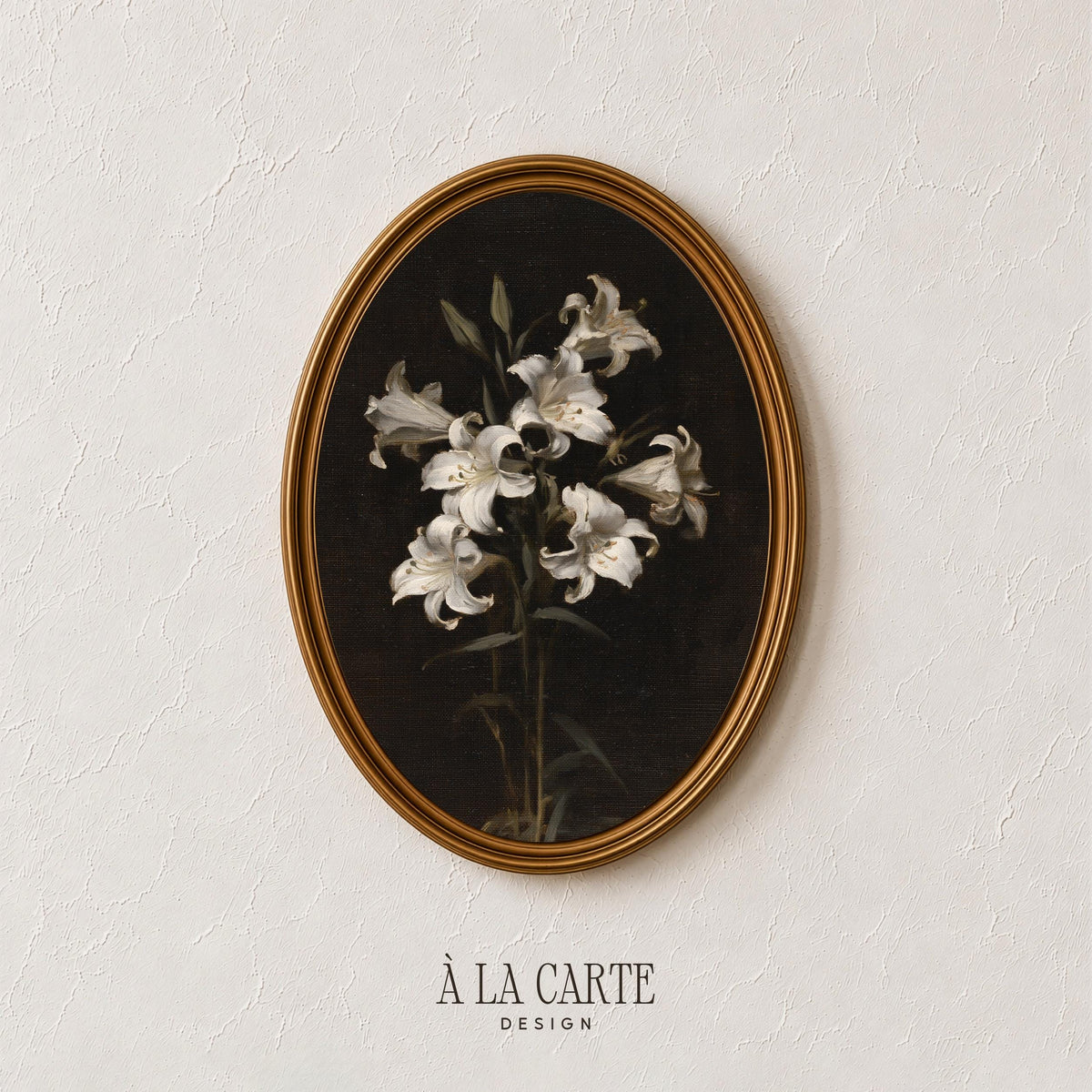 Refined lily blossom digital artwork — moody vintage poster featuring delicate green stems and dramatic contrast