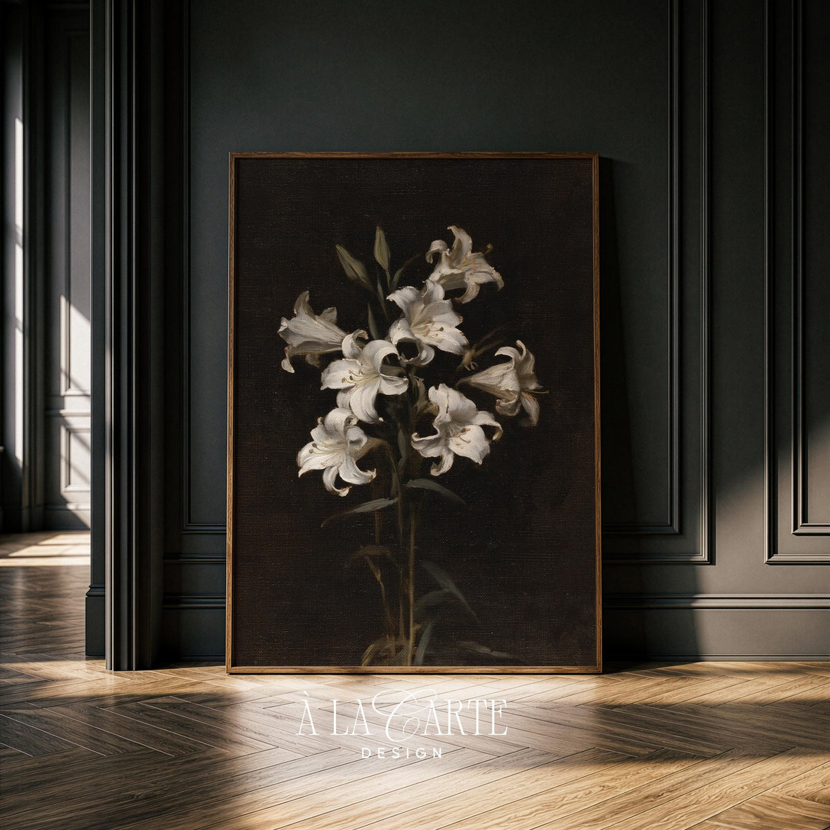 Dark academia flower painting wall decor for office — classic botanical rendering with painterly grace