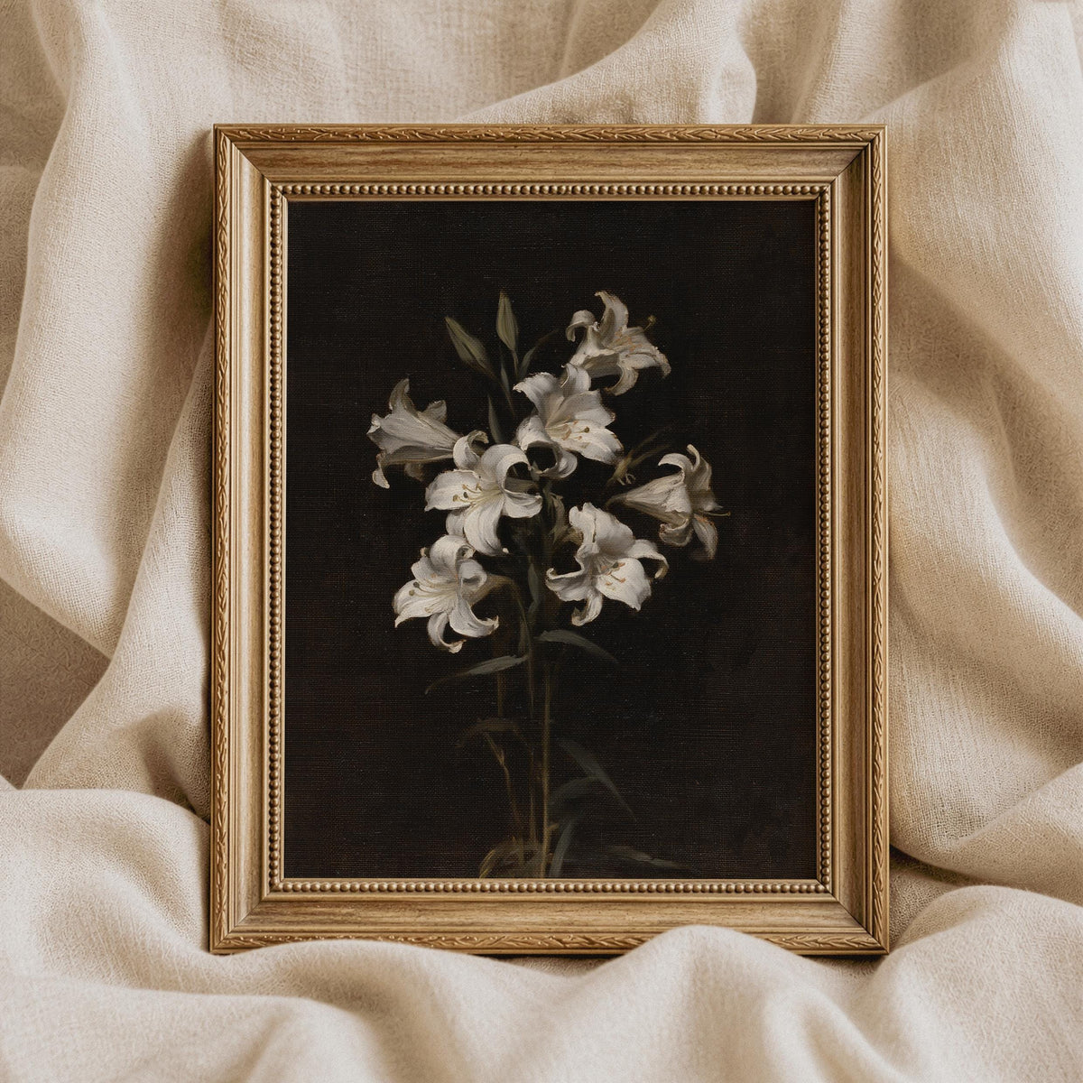 White lilies printable art for bedroom — moody vintage botanical study with dramatic dark background