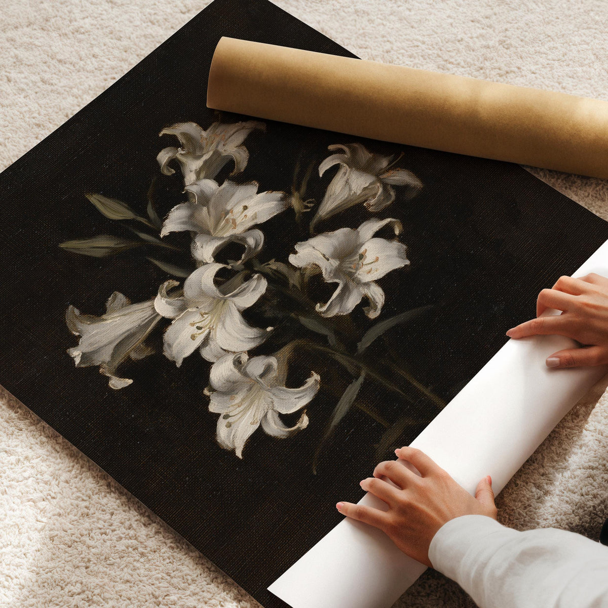 Classic botanical lily picture for study — antique-inspired still life with deep charcoal backdrop