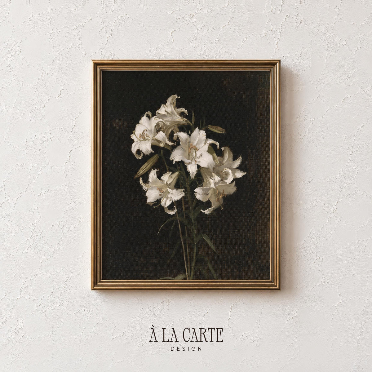 Dark botanical printable poster — classical pale lily study with atmospheric shadows and painterly style