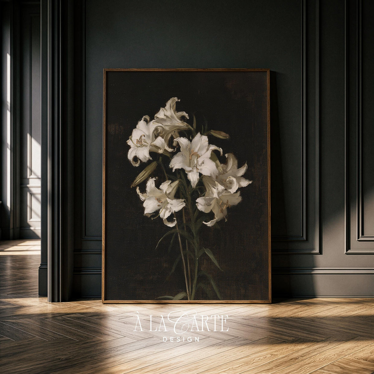 Pale flower printable art featuring dramatic black background and soft brushstroke details