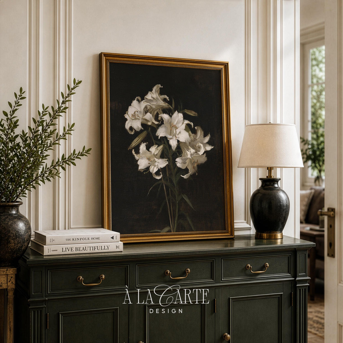 Moody lily artwork for study — dark academia wall decor with painterly texture and classical beauty