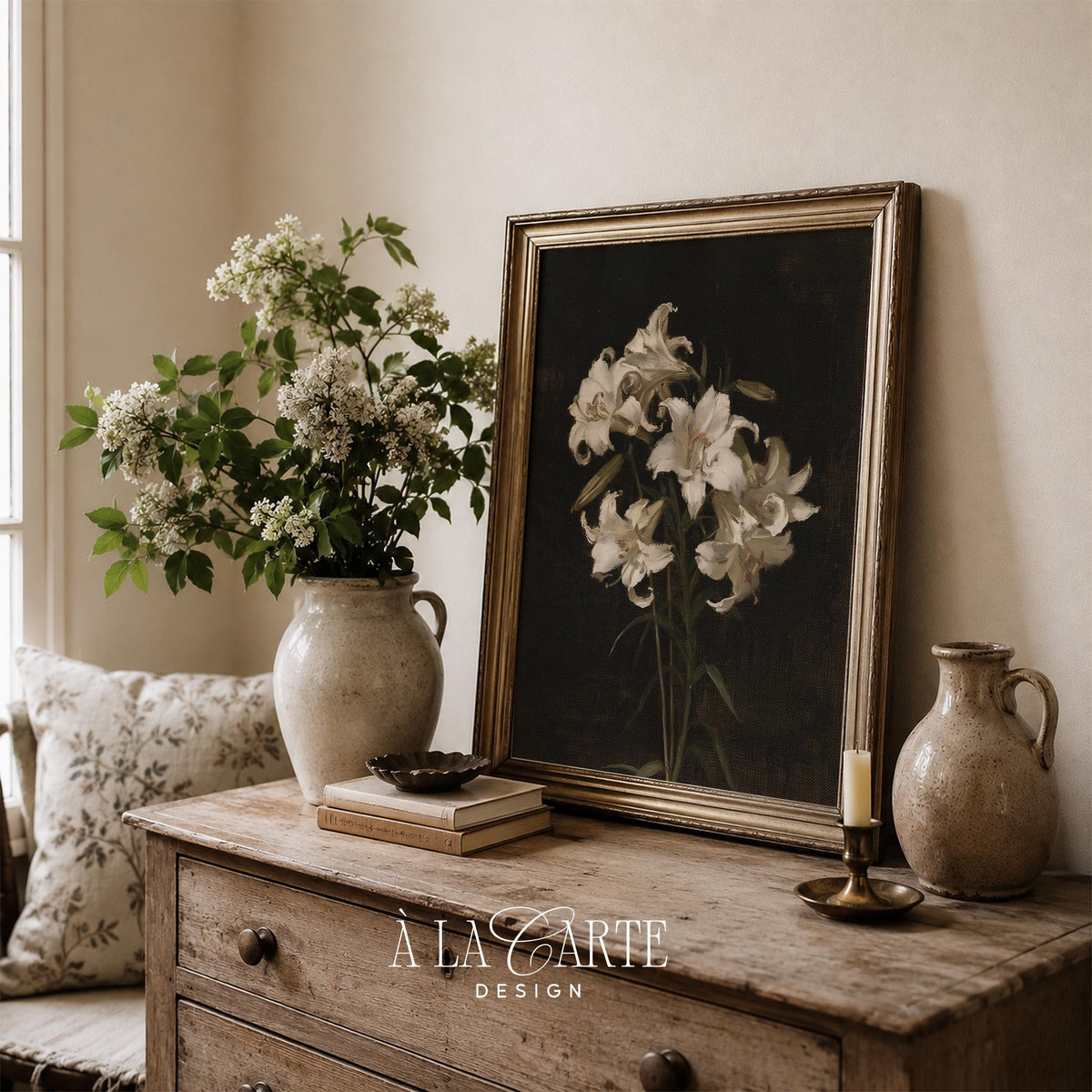 White lily painting wall art for bedroom — moody dark academia aesthetic with vintage botanical charm