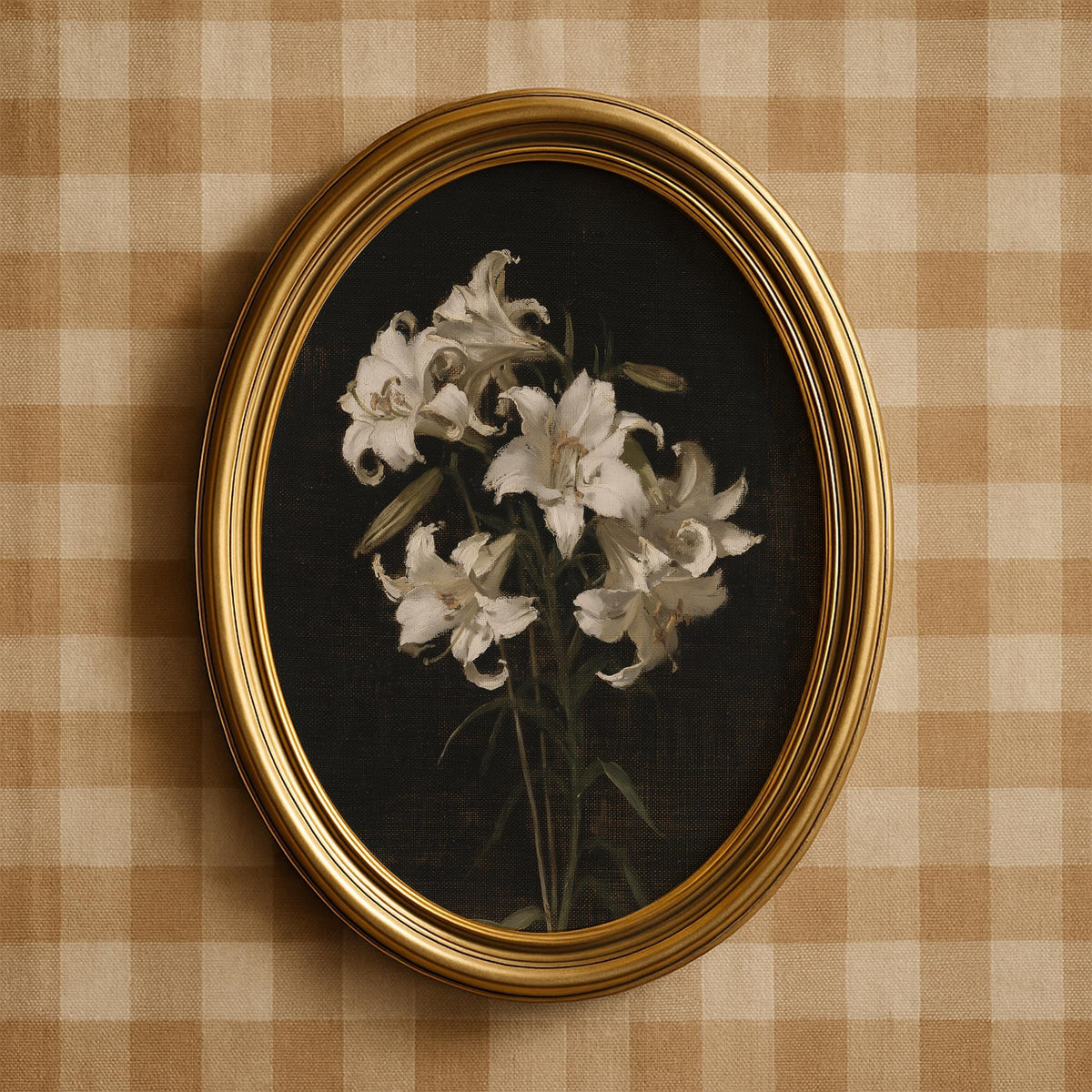 Vintage lily illustration printable wall art — pale flowers against dramatic near-black with gallery-ready appeal