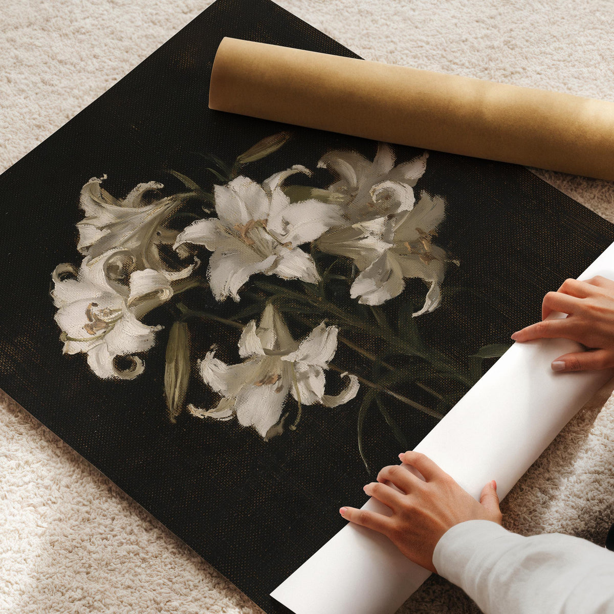 Dark floral poster for living room — antique oil painting style with rich contrast and timeless elegance