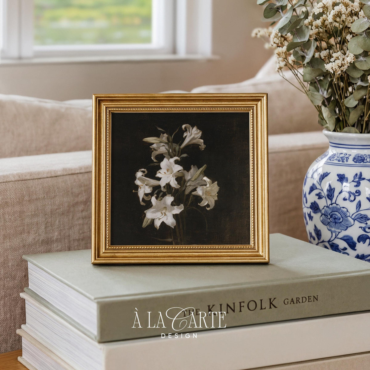 Vintage botanical print wall decor — white lilies with muted earth tones and old-world elegance