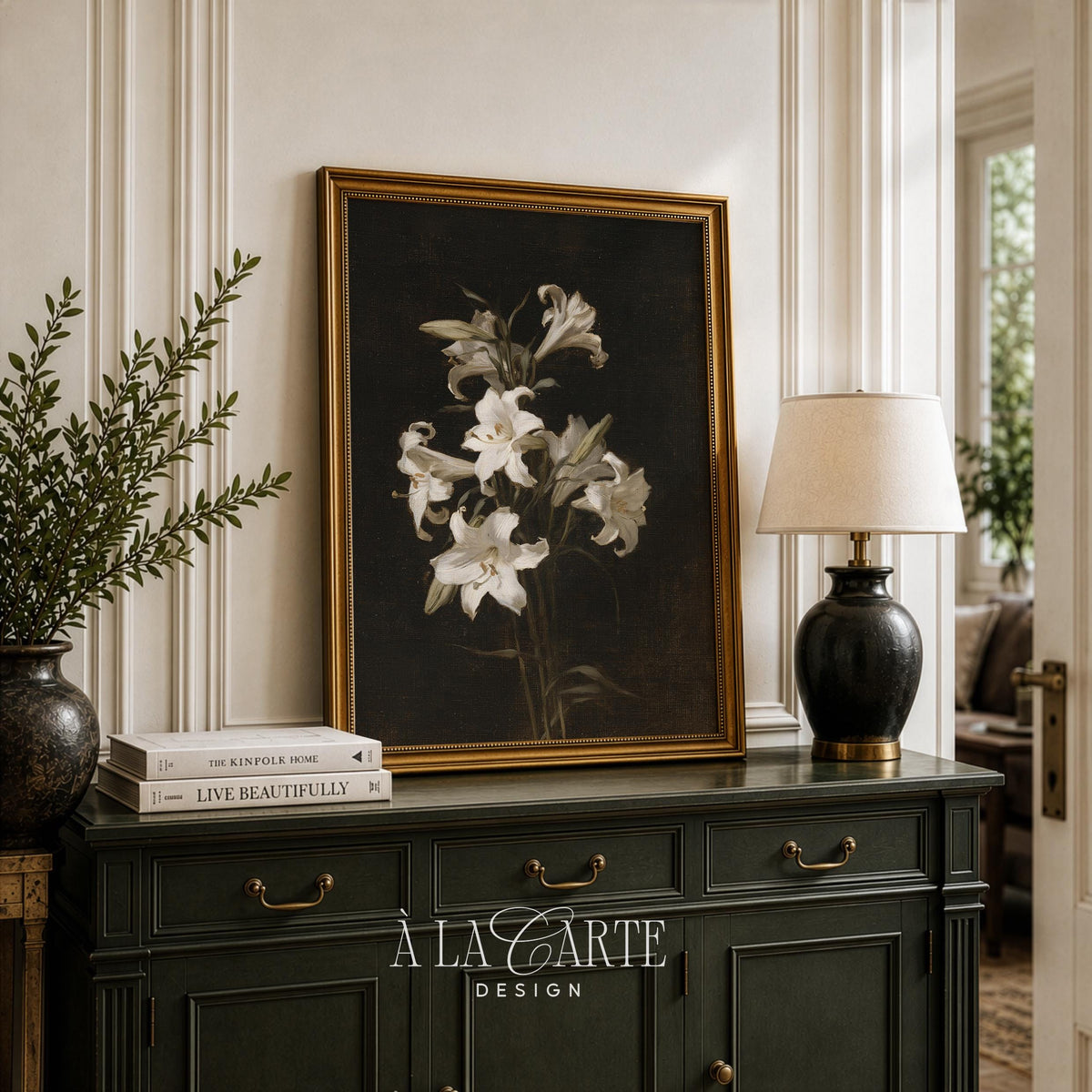 Lily blossom picture for dining room — antique oil painting aesthetic with dramatic light and shadow