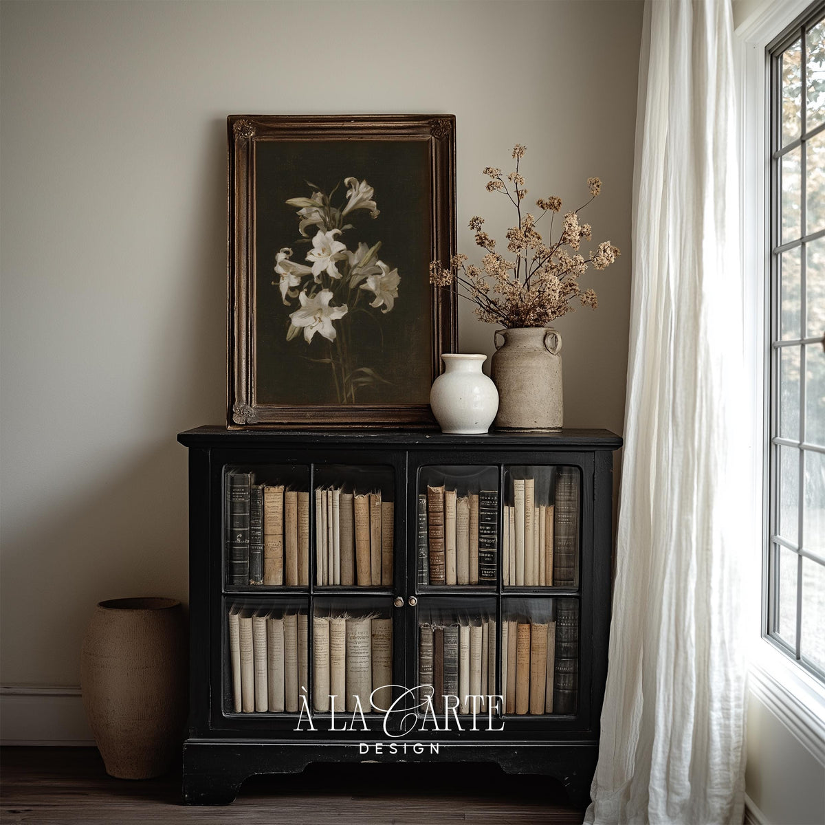 Dark romantic flower poster digital download for bedroom — vintage botanical rendering with texture