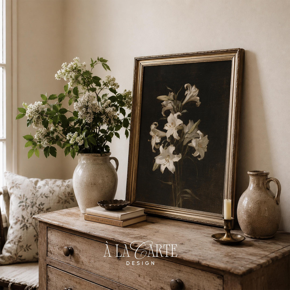 White lilies painting printable art for bedroom — moody dark academia aesthetic with vintage oil brushwork