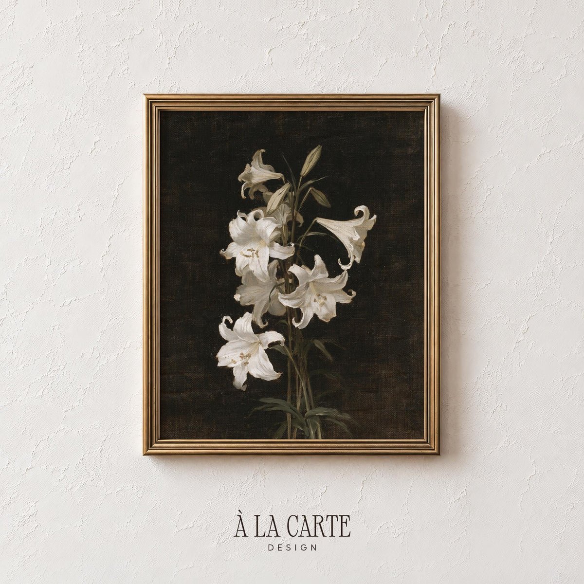 Vintage-style lily painting wall art — soft luminous petals against rich deep backdrop