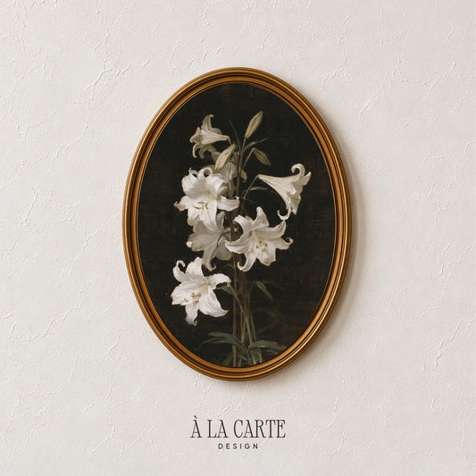 Botanical illustration poster for dark academia spaces — pale flowers with textured vintage appeal