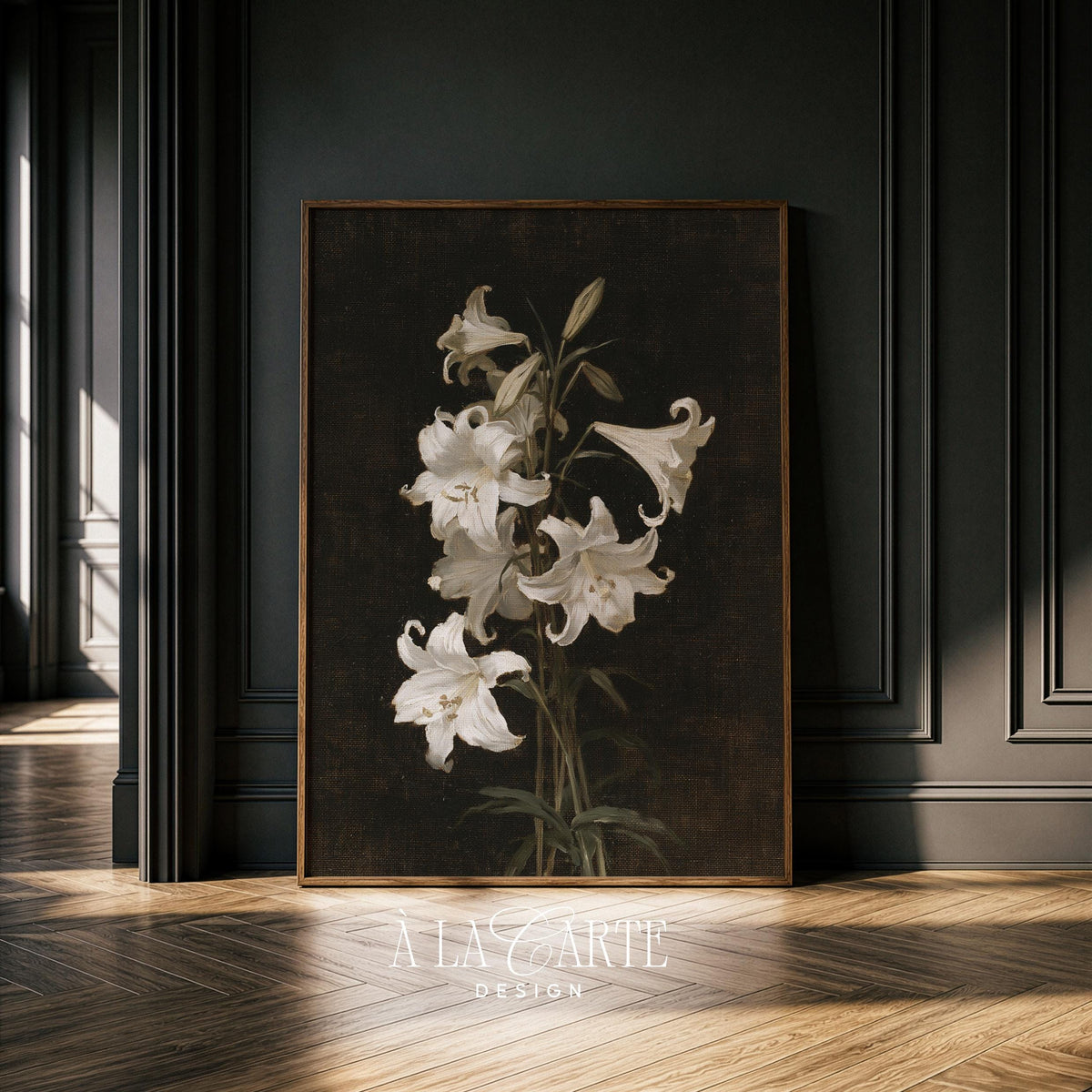 Timeless lily blossom printable picture — vintage-inspired blooms with sophisticated dark mood